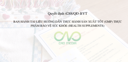Quyết định 4288/QĐ-BYT AN HÀNH TÀI LIỆU HƯỚNG DẪN THỰC HÀNH SẢN XUẤT TỐT (GMP) THỰC PHẨM BẢO VỆ SỨC KHỎE (HEALTH SUPPLEMENTS)