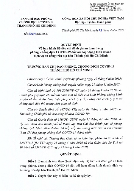 Bộ tiêu chí đánh giá an toàn trong phòng, chống dịch COVID-19 đối với hoạt động kinh doanh dịch vụ ăn uống trên địa bàn Thành phố Hồ Chí Minh