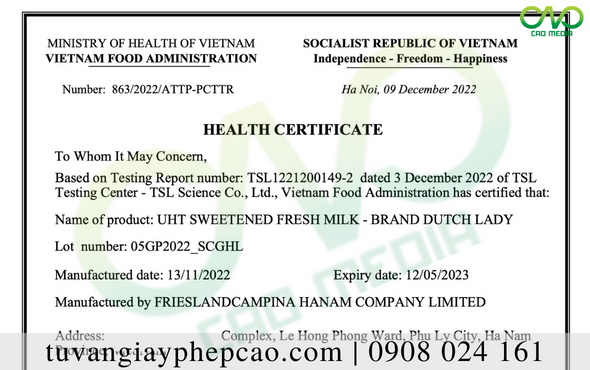 Health certificate váng sữa để xuất khẩu theo quy định