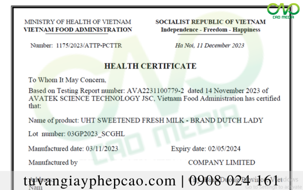 Xin Health certificate sữa tươi tại Bộ Y Tế chỉ trong 5 ngày làm việc